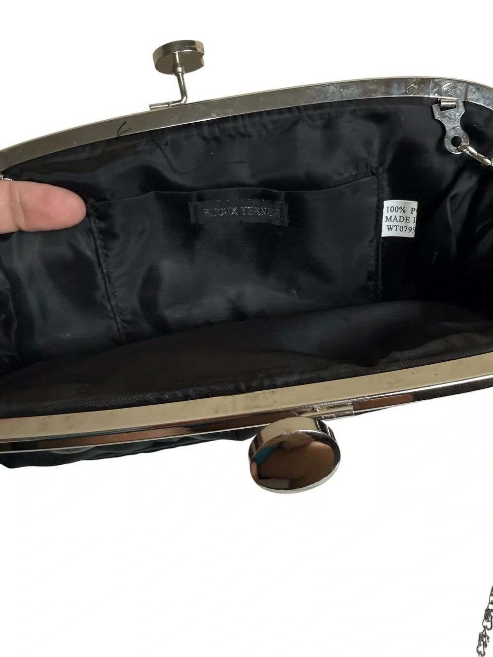 Bijoux Terner Black Satin Evening Clutch with Silver Chain
